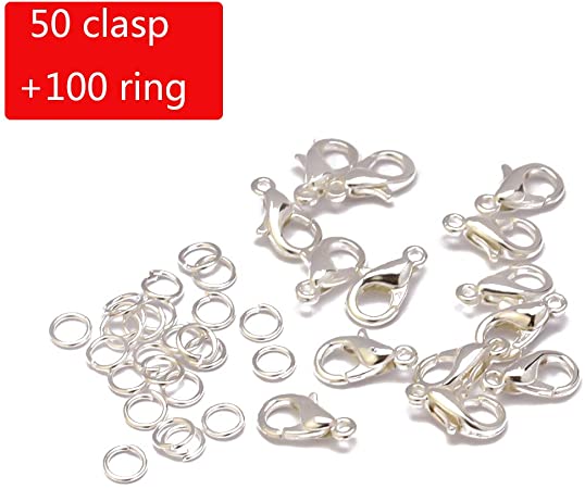 Tiparts Jewelry Findings Kit - 50 pcs Lobster Claw Clasps and 100 pcs Open Jump Rings for Jewelry Making Supplies (Silver, Clasp:12x6mm Ring:0.7x5mm)