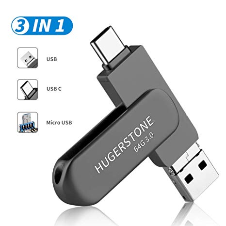USB C Memory Stick HUGERSTONE USB C Flash Drive USB Stick 64GB 3 in 1 OTG Pen Drive with USB, Micro USB, Type-C Ports for Android Smartphone, Pad, MacBook and Laptop 64GB Grey