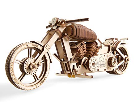 UGEARS Bike DIY Kit – Wooden Mechanical Motorcycle Project – Bike VM-02 Rubber Band Engine – For Vehicle Passionate and Bikers – Plywood Model with Wide Back Wheel – Refined Gift Idea