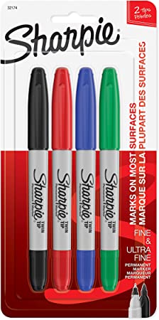 Sharpie 32174PP Twin Tip Permanent Markers, Fine and Ultra Fine, Assorted Colors, 4 Count