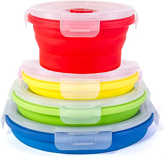 Thin Bins Collapsible Containers – Set of 4 Round Silicone Food Storage Containers – BPA Free, Microwave, Dishwasher and Freezer Safe - No more cluttered container cabinet!