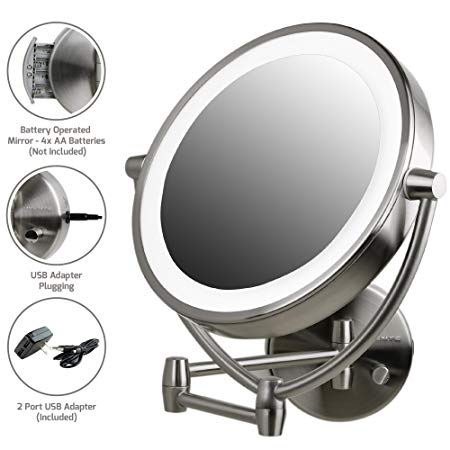 Ovente Wall Mount Mirror, Battery or USB Adapter Operated, Dimmable LED Lighted Makeup Mirror, 1x/7x Magnification, 9.5 inch, Nickel Brushed (MLW45BR1x7x)