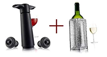 Vacu Vin Wine Saver with 2 Vacuum Stoppers – Black, Bundle with Vacu Vin Rapid Ice Wine Cooler - Silver