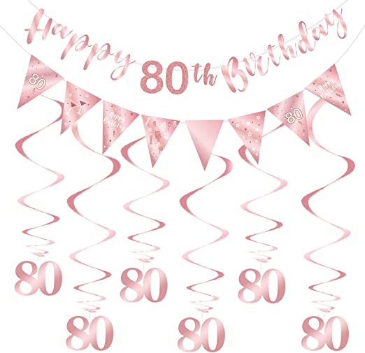 80th Birthday Decoration Kit for Women, Happy 80th Birthday Banner Bunting Swirls Streamers, Triangle Flag Banner for Birthday Party Decorations Supplies Rose Gold 80th