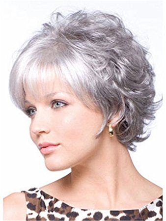 OYSRONG Elegant Women Short Silver Wavy/curly Layered Heat Resistant Daily Hair Wig