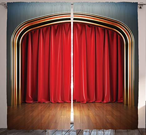 Ambesonne Theatre Curtains, Show Stage with Classic Curtains Wooden Plank Floors Digital Illustration Print, Living Room Bedroom Window Drapes 2 Panel Set, 108" X 84", Red Brown