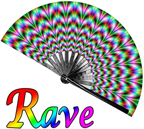 OMyTea Large Rave Clack Folding Hand Fan for Men/Women - Chinese Japanese Bamboo Handheld Fan - for EDM, Music Festival, Club, Event, Party, Dance, Performance, Decoration, Gift (Trippy Waves)