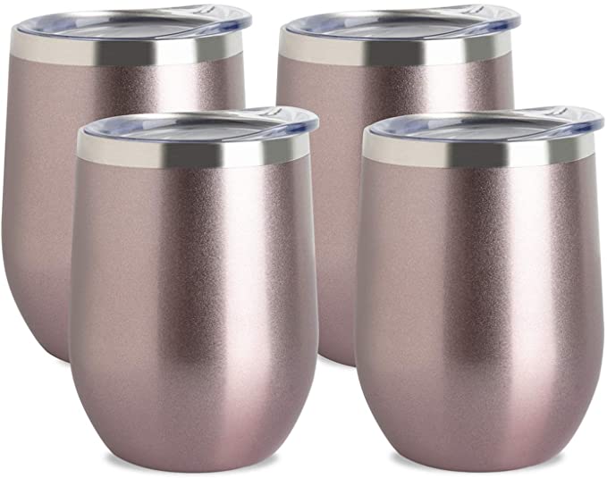 Jearey Stemless Wine Glass Tumbler 12 oz Stainless Steel Double Wall Vacuum Insulated Wine Cup with Lid Travel Friendly (4 Pack, Rose Gold)
