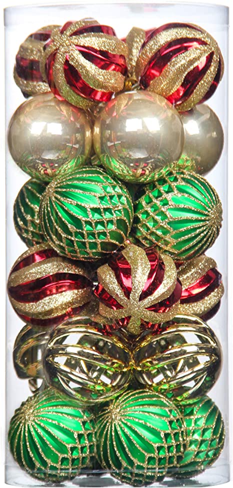 QinYing Red & Gold & Green 24pcs 2.36"/6cm Christmas Balls Ornaments for Christmas Tree Shatterproof Coloured Drawing Tree Hanging Balls Decoration for Hoilday Party Baubles Set with Hang Rope