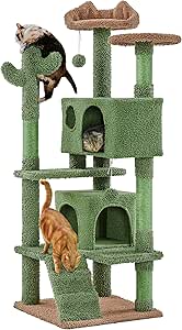 Yaheetech Arbre à Chat Cactus 138 cm Tour pour Chat Multiniveau avec Poteaux en Sisal Cachettes Perchoirs Rampe Jouets Maison pour Chats en Tissu Moppy Vert et Brun