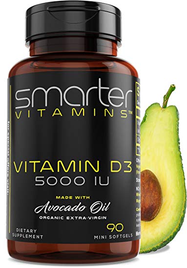 Vitamin D3 5000 IU - USDA Certified Organic Avocado Oil, 90 Mini Softgels, Non-GMO, Soy Free, Gluten Free, Supports Immune Function & Healthy Bones   Teeth