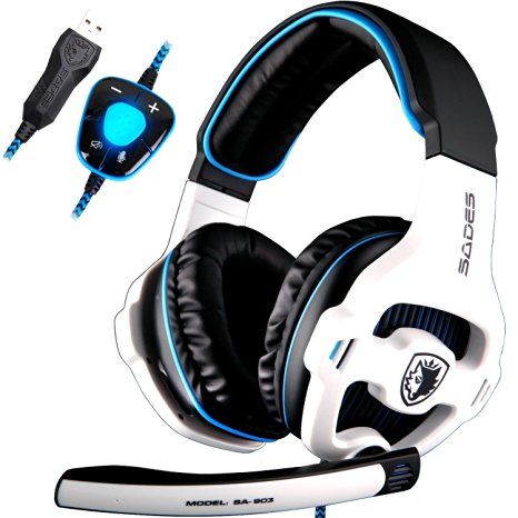 SADES SA903 7.1 Surround Sound Stereo Pro PC USB Gaming Headset Headband Headphones with Microphone Deep Bass Over-the-Ear Volume Control LED Lights For PC Gamers(White)