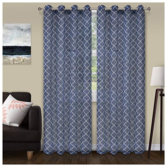 Superior Quality Lightweight Printed Trellis Sheer Stainless Grommets Window Treatment Curtain Panel (Set of 2) 52" x 96" - Blue