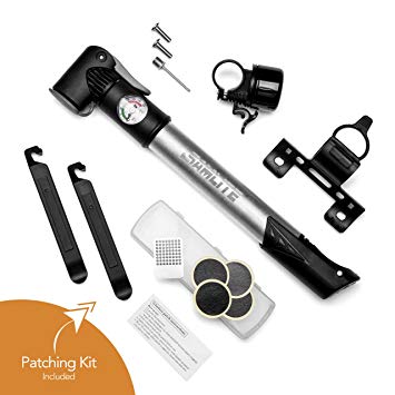 SAMLITE Best handheld Mini Bike Pump with Glue-less Puncture Repair Kit, Fits Presta and Schrader Valve, Includes Mount Kit, High Pressure 120 PSI, 8 bar, FREE Bike Bell and Sports Needle Included