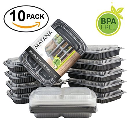 [10 Pack] 100% Leakproof, Reusable Meal Prep Containers, 3-Compartment Tupperware, Stackable Lunch Boxes / Storage with Secure Lids - Freezer, Dishwasher and Microwave Suitable
