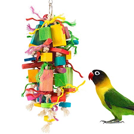 MEWTOGO Medium Bird Parrot Toys - Multicolored Wooden Blocks Tearing Toys for Conures Cockatiels African Grey Foraging and Amazon Parrot Toys