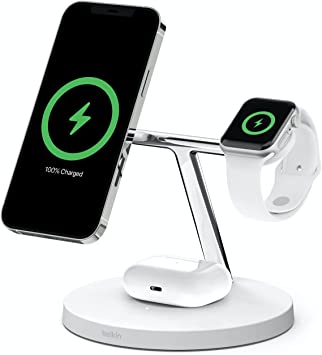 Belkin MagSafe 3-in-1 Wireless Charger, 15W iPhone Fast Charging, Apple Watch Fast Charging, AirPods Charging Station for iPhone 13, 12, Pro, Pro Max, Mini, AppleWatch Series 7,6,5,4,SE AirPods White