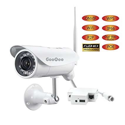 GooQee Outdoor Wifi Network Camera HD 1080P Waterproof - 2.4G Wireless IP P2P Security DVR with WPS POE 2-Way Audio Motion Detection and 49ft Night Vision - Support Max 128Gb Micro SD Card (NC007PW)