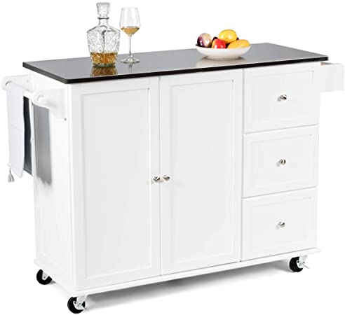 Giantex Kitchen Cart with Stainless Steel Countertop, Kitchen Island Rolling Trolley with Towel Holder and Spice Rack, 3 Drawers, Adjustable Shelves, 2-Door Cabinet, Ample Storage Space (White)