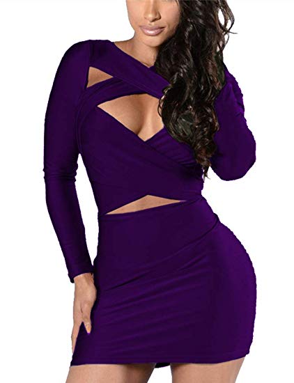 VOGRACE Women's Spaghetti Straps/Long Sleeve Cut Out Bandage Bodycon Party Clubwear Mini Dress