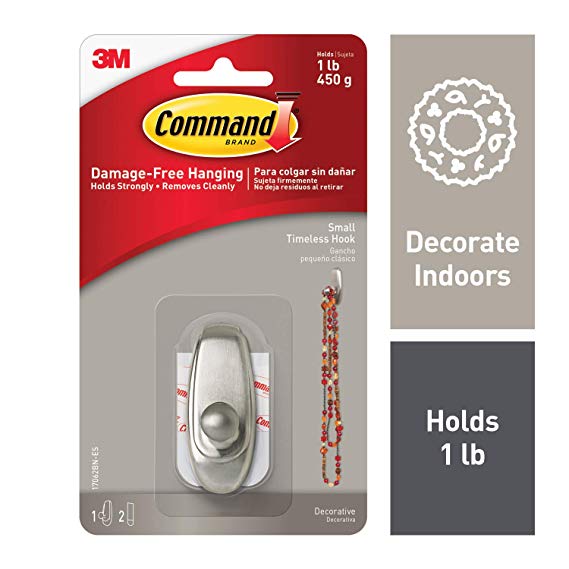 Command Timeless Hook, Small, Brushed Nickel, 1-Hook (17062BN-ES)