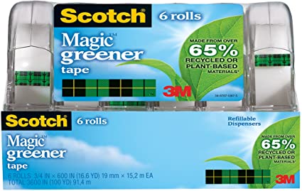 Scotch Magic Greener Tape, 6 Rolls, Numerous Applications, Invisible, Engineered for Repairing, 3/4 x 600 Inches, Dispensered (6123)