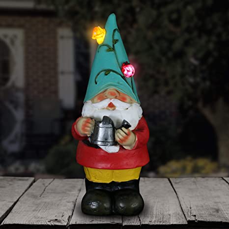 Exhart Solar Gnome Garden Statue w/Watering Can – Teal Hat Gnome Resin Statue Holding a Watering Can - Solar Decor Lights in Butterfly & Snail Design – Garden Elf Decor - 5" L x 5" W x 10" H