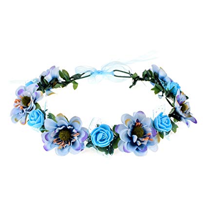 June Bloomy Rose Flower Leave Crown Bridal Halo Headband with Adjustable Ribbon