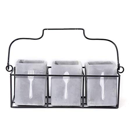 Kitchen Utensil Holder Set (4 Pieces) - 3 Cement Utensil Crocks & 1 Portable Wire Caddy - Embossed Design-Organize Your Flatware & Silverware with Ease (Square)