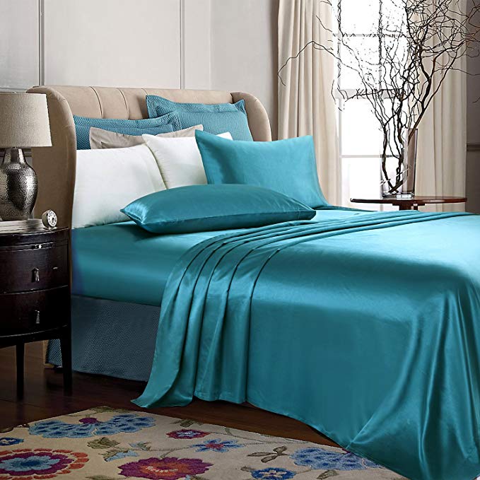 ARTALL Silky Super Soft 4 Piece Deep Pocket Satin Sheet Set, Queen Size Teal