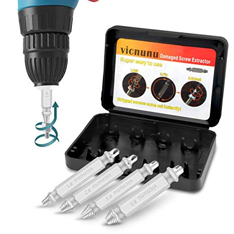 Damaged Screw Extractor Remove Set by Vicnunu, Stripped Screws and Broken Bolts Easy-Out Removers, Made From H.S.S. 4341#, 63-65HRC Hardness, 4-Piece Stripped Screw Extractor Kit