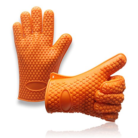 URSMART Heat Resistant Silicone, BBQ Cooking Gloves - BBQ Grill, Baking, Stove, Potholders, Oven Mitts & Kitchen Gloves. Outdoor Grill, Camp Chef, Gifts For Chefs & Cooks. Heat Proof Lining (orange))