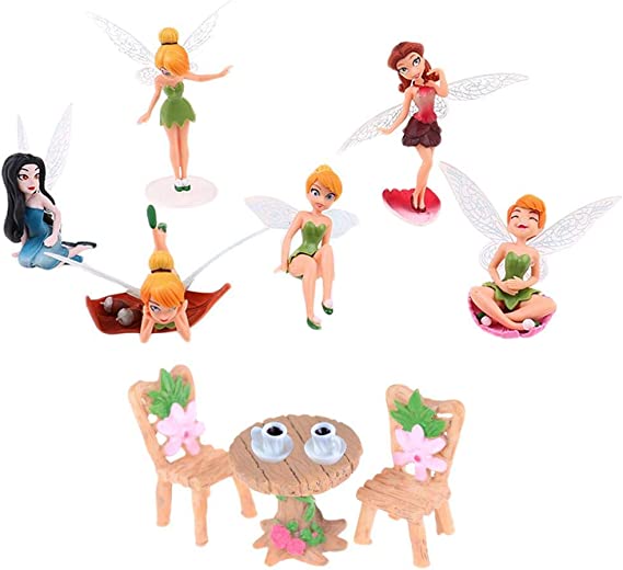 IYSHOUGONG 11 Pcs/Set Miniature Fairy Garden Ornament Table Chair Tea Cup Fairy Pixie Girl Fly Wing DIY Dollhouse Decor