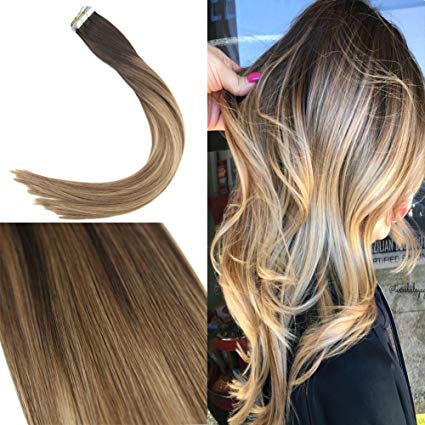 Youngsee 14inch Remy Tape Hair Extensions Darkest Brown to Medium Brown Mixed Caramel Blonde Balayage Ombre Real Human Tape in Hair Extensions 20pcs 50G