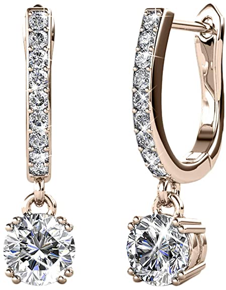 Cate & Chloe McKenzie 18k White Gold Dangling Earrings with Swarovski Crystals, Solitaire Crystal Dangle Earrings, Best Silver Drop Earrings for Women, Channel Set Drop Horseshoe