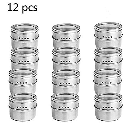 AOLVO Silver Magnetic Spice Tins with Tight Sealed Clear Lids with Sift or Pour,Round Muti-Purpose Storage Spice Jars Set of 6/12