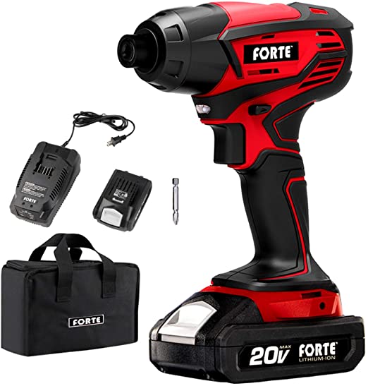 Forte ID20B Cordless Impact Drill Driver Kit - 20V Max, 1,700 in-lbs of Torque, 1/4-IN. Hex with Lithium-ion Battery, Quick Charger and Storage Bag Included