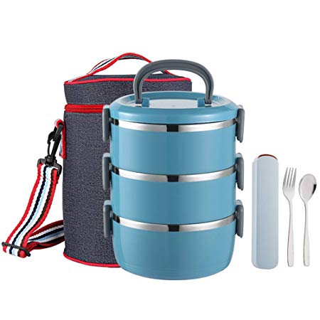 YBOBK HOME Insulated Lunch Box Leak Proof Lunch Container All-in-one Stackable Lunch Box Stainless Steel Bento Lunch Box with Bag and Portable Flatware Set for Adults (Blue)