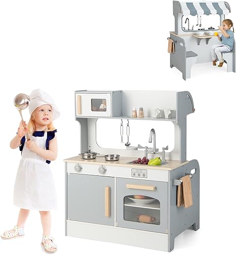 COSTWAY 2-in-1 Kids Play Kitchen, Double Sided Pretend Cooking Playset with Turnable Knobs and Storage Shelf, Simulation Cook Toy Set for Toddlers (Grey White)