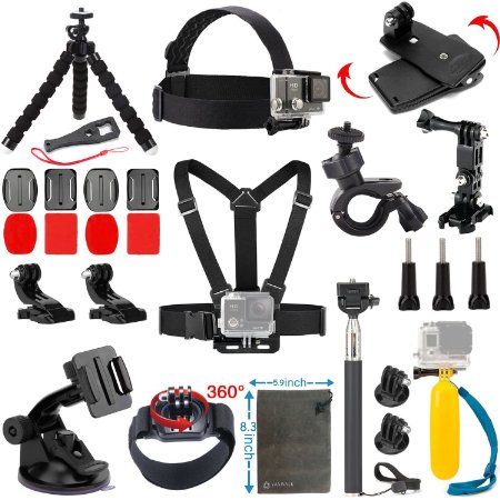 Vanwalk 20-in-1 Accessories Kit for Gopro HD Hero 4/3 /3/2/1 Camera, Head Belt Strap Mount   Chest Belt Strap Mount   Extendable Handle Monopod   Car Suction Cup Mount Holder   Floating Handle Grip