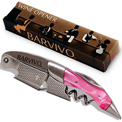 Professional Waiters Corkscrew by Barvivo - This Bottle Opener for Beer and Wine Bottles is Used by Waiters, Sommelier and Bartenders Around the World. Made of Stainless Steel and Pink Resin.