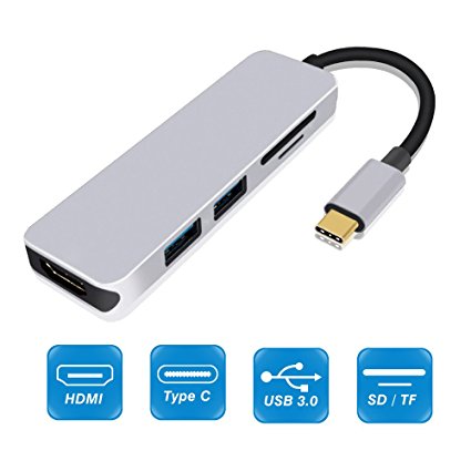 Type C Hub, USB C Hub with HDMI, 5 in 1 Combo Hub with 2USB 3.0 Ports, SD&TF Card Reader, Aluminum USB C Adapter for MacBook Pro 2016/2017, Chromebook, USB Flash Drives and Other Type-C Devices