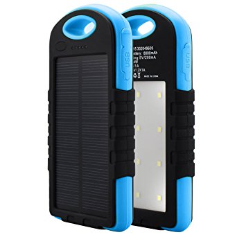 Bienna 8000mAh Dual USB Port LED Flash Light Solar Power Bank for Cellphones and Tablets - Blue