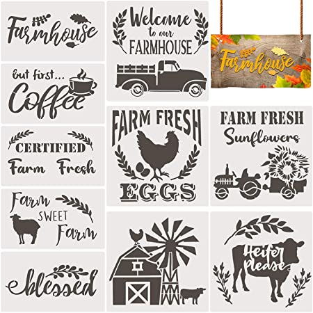 10 Pieces Farmhouse Stencils Farm Reusable Stencils Farm Theme Painting Stencils for Scrapbooking Drawing Tracing DIY Furniture Wall Floor Fabric Decors, 2 Sizes and 10 Patterns