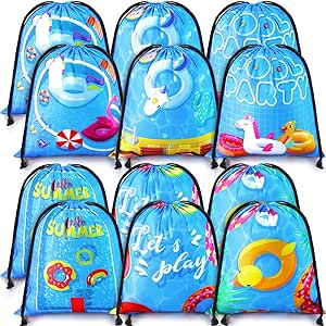 12 Pcs Summer Pool Party Bags Drawstring Beach Bag Goody Favor Gift Bags Beach Shark Tropical Theme Party Supplies for Luau Hawaiian Pool Wedding Birthday Party Candy Goodie Teens Kids (Pool Style)