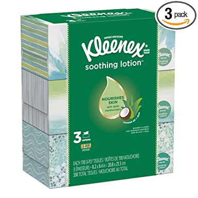 Kleenex Soothing Lotion Facial Tissues, 3 Flat Boxes, 110 Tissues per Box (330 Tissues Total), Coconut Oil, Aloe & Vitamin E