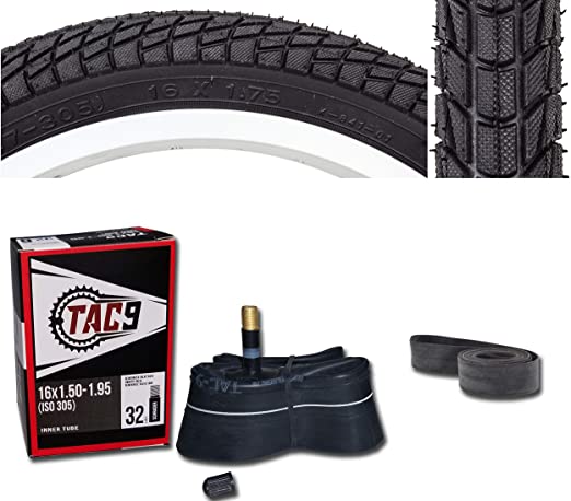 16" Tire Combo - Tire, Tube and Rim Strip - 16" x 1.75" - 6 Different Tread Patterns to Choose from - 1 or 2 Pack - Bundle Package by TAC 9 Bicycle Products