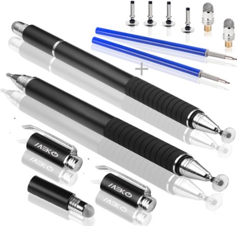 MEKO(TM)[3-in-1 Precision Series ] Disc Stylus/Styli Pen 6"L - High Precision Disc tip Durable Thin fiber Tip Ink Pen For All Touch Screen Devices (2Pcs) Bundle With Bonus 4Pcs Disc   2Pcs Fiber Tip  2Pcs Refill Ink - (Black/Black)