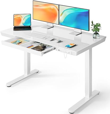 ErGear Glass Standing Desk, 48 x 24 inch Electric Standing Desk with Drawer, Glass Top Standing Desk with Preassembled Top & USB Charging Ports, Adjustable Sit Stand Desk for Home & Office