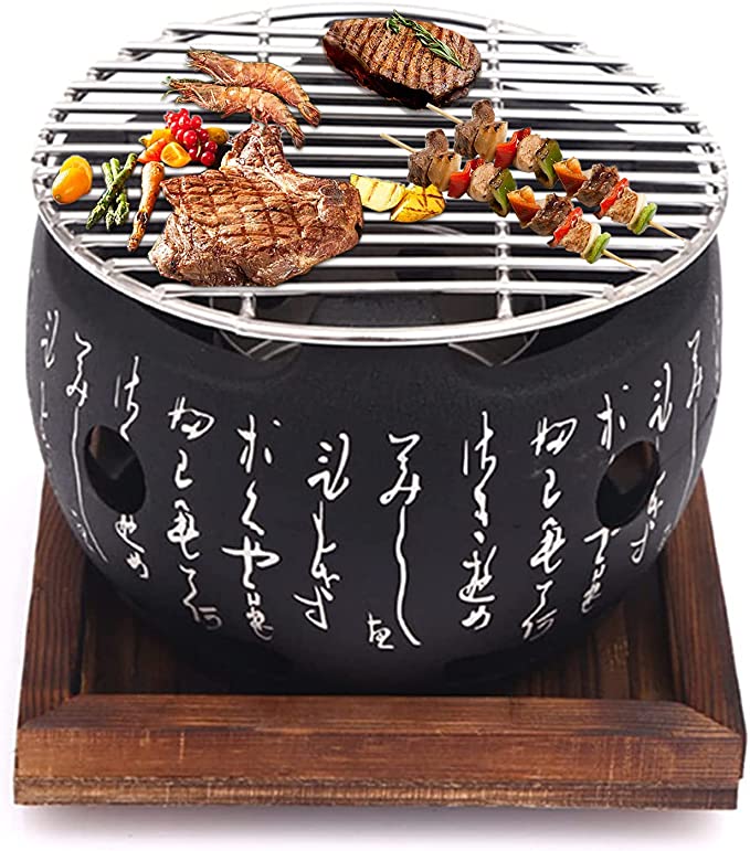 6.3in Japanese Style BBQ Grill Portable Round Barbecue Stove Food Charcoal Stove with Wire Mesh Grill and Base Japanese Tabletop Household Barbecue Tools for 1-2 Person